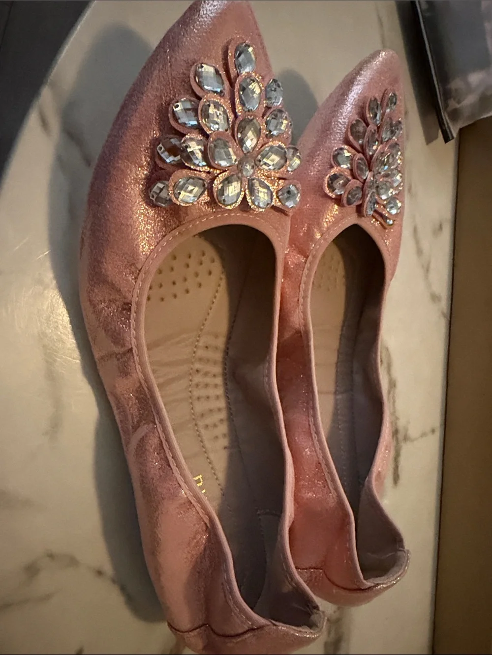 Amazon Pink Pointed-Toe Jeweled Ballet Flats
